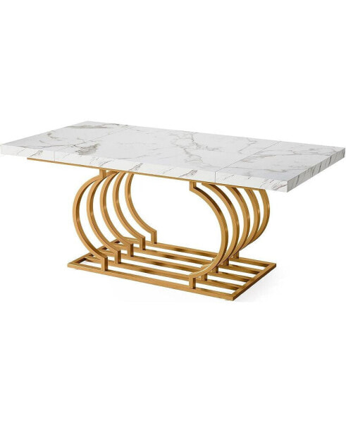 Modern Dining Table, 63 inch Faux Marble Wood Kitchen Table for 6 People, Rectangular Dinner Room Table with Geometric Frame for Kitchen, Dining Room, White Gold