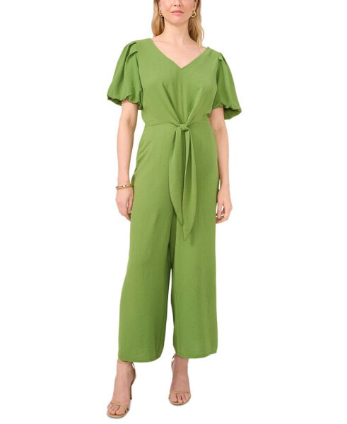 Women's V-Neck Tie-Front Short-Sleeve Jumpsuit