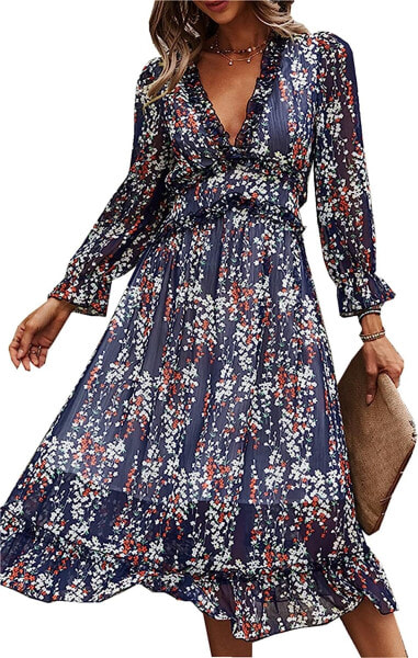 Ziyyoohy Women's Elegant Summer Dresses, Long Dress, Chiffon Ruffle, Flowers, Long Sleeve, V-Neck, High Waist, Maxi Dress, Party Dress