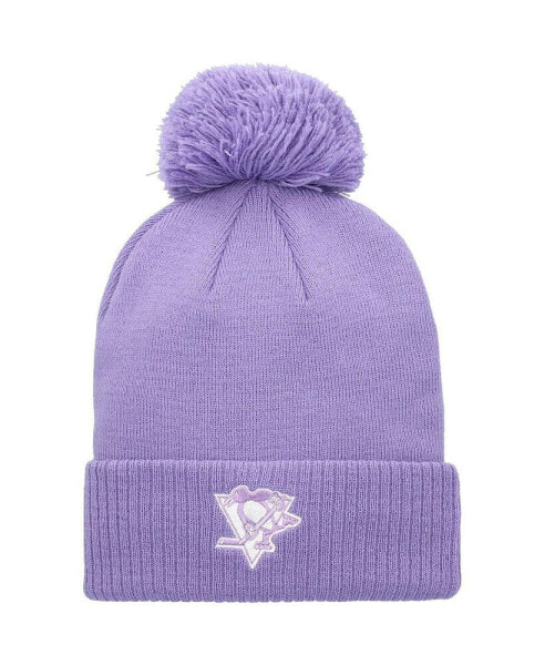 Men's Purple Pittsburgh Penguins 2021 Hockey Fights Cancer Cuffed Knit Hat with Pom