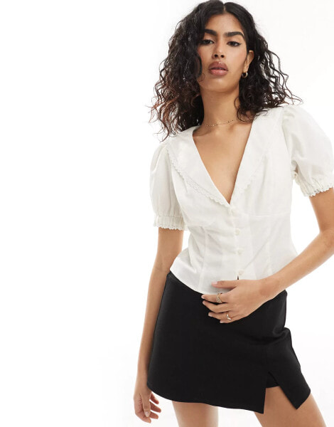 ASOS DESIGN linen mix blouse with broderie trim in ivory