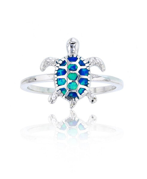 Created Blue Opal Inlay Turtle Ring in Sterling Silver