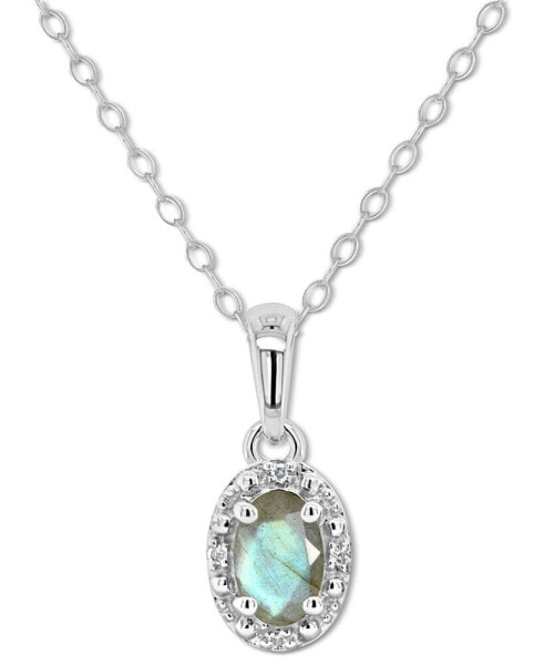 Labradorite & Diamond Accent Oval 18" Pendant Necklace in Sterling Silver (Also in Onyx, & Turquoise)