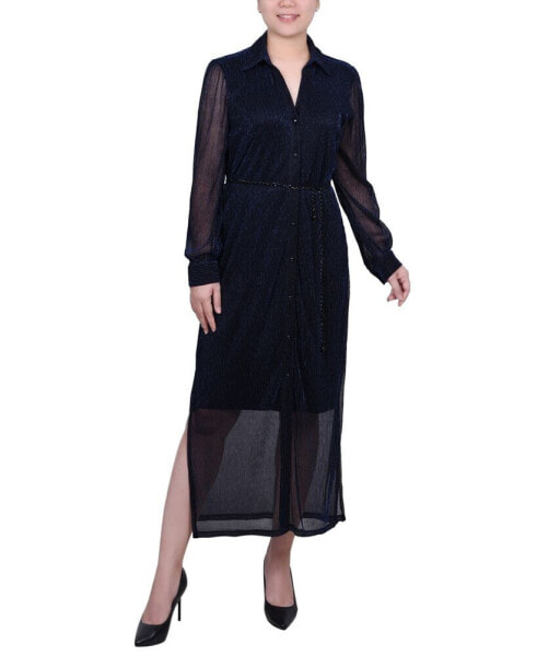 Women's Long Sleeve Plisse Mesh Dress with Belt