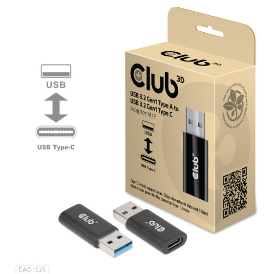 Club 3D USB 3.2 Gen1 Type A to USB 3.2 Gen1 Type C Adapter M/F - USB A - USB TYPE C - 3.2 Gen 1 (3.1 Gen 1) - Black