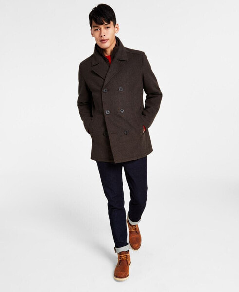 Men's Double Breasted Wool Blend Peacoat with Bib