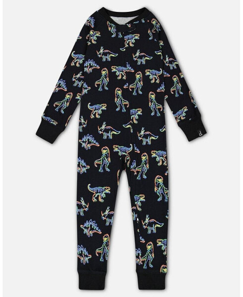 Toddler Boys Organic Cotton One Piece Pajama Black Printed Neon Dino - Toddler|Child