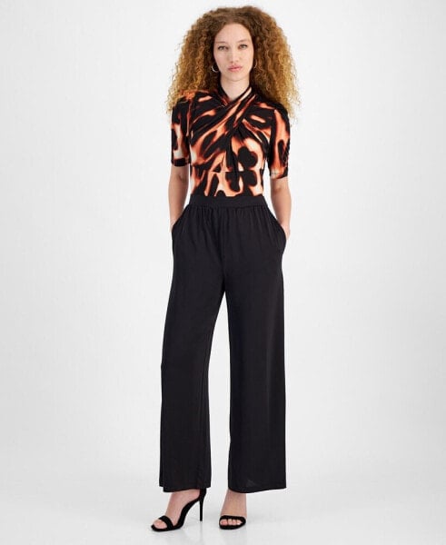 Women's Printed Twisted Short-Sleeve Wide-Leg Jumpsuit