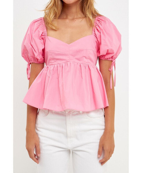 Women's Tied Strap Puff Sleeve Woven Top