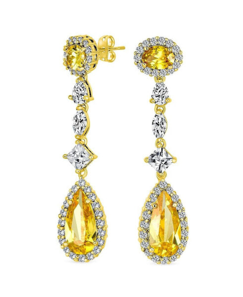Wedding Canary Yellow AAA Cubic Zirconia Halo Long Pear Solitaire Teardrop CZ Statement Dangle Chandelier Earrings Pageant Bridal Party Gold Plated