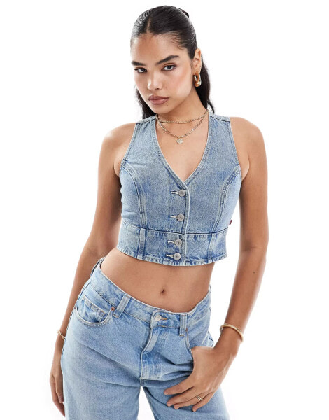 Levi's Mona denim corset crop top in mid blue