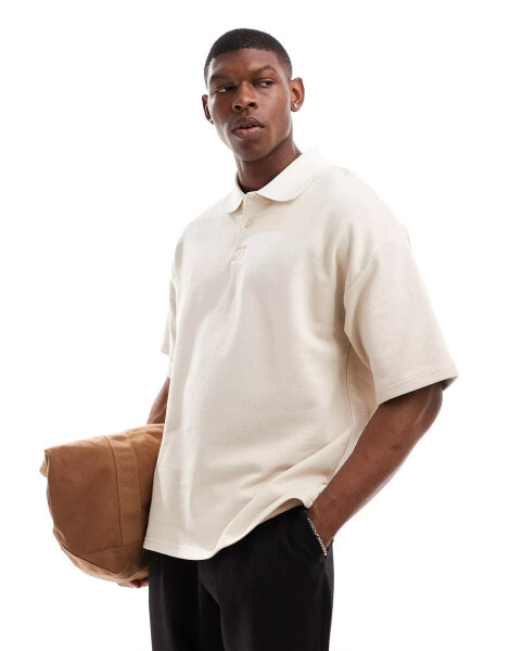 Selected Homme oversized rugby polo shirt in cream with white collar