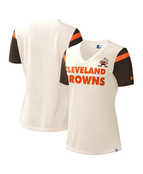 Women's Cream Cleveland Browns Kick Start V-Neck T-shirt