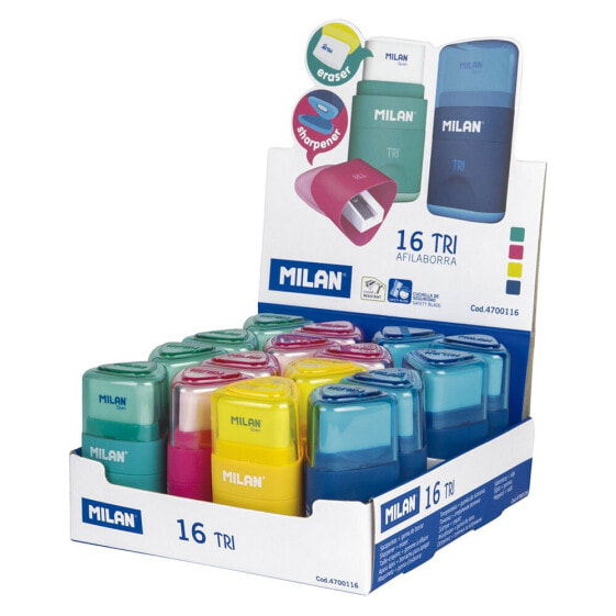 MILAN Display Box 16 Erasers With Pencil Sharpener Tri Acid Series
