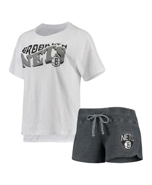 Women's Charcoal, White Brooklyn Nets Resurgence Slub Burnout Raglan T-shirt and Shorts Sleep Set