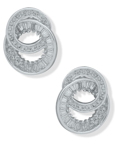 Silver-Tone Cubic Zirconia Double Circle Button Earrings
