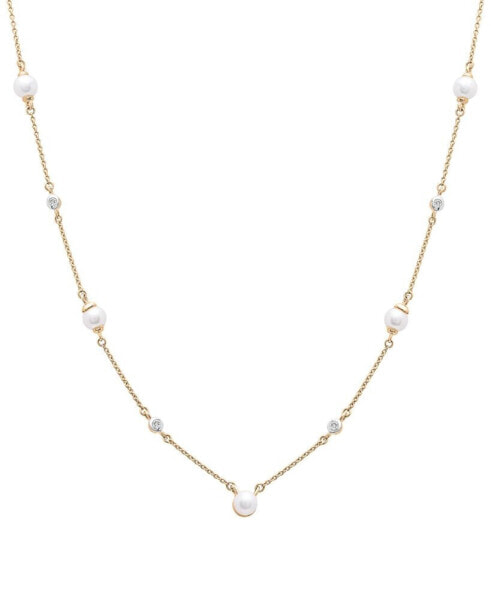 Cultured Freshwater Pearl (4mm) & Diamond Accent Station 17" Collar Necklace in 14k Gold