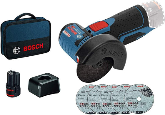 Bosch Professional 12 V System Battery Angle Grinder GWS 12V-76 (12 Volt System, 1 x 2.0 Ah Batteries, 5-Piece Cutting discs set, in bag)