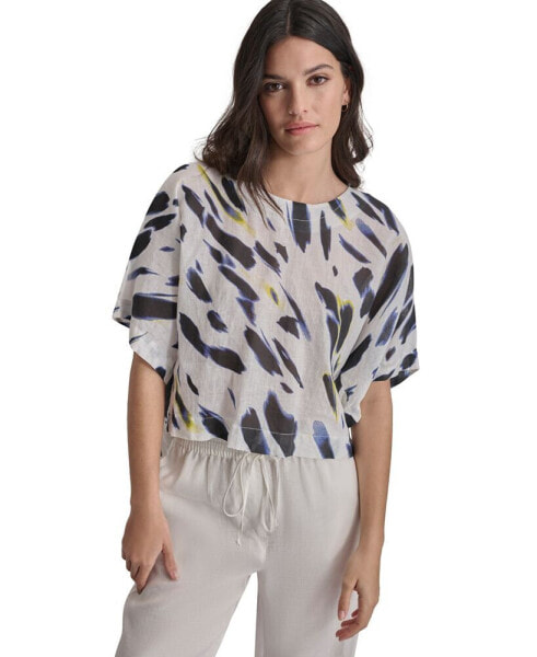 Women's Printed Linen Drop-Shoulder Short-Sleeve Crop Top