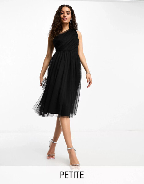 Anaya Petite Bridesmaid tulle one shoulder midi dress in black