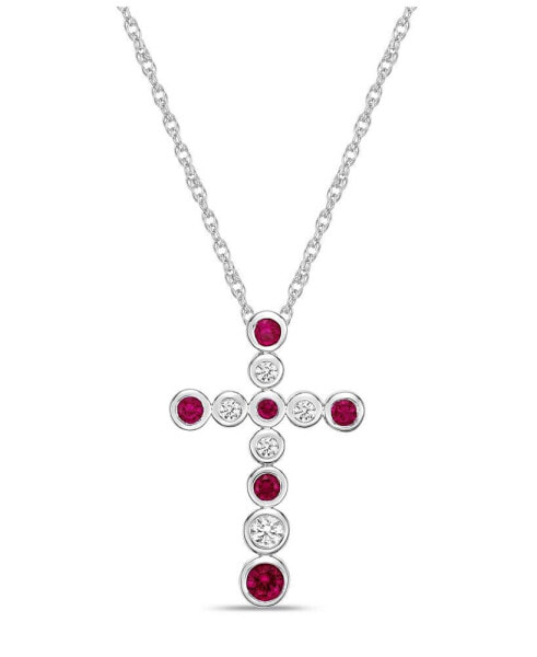 Macy's sterling Silver modern 7/8 (ct. t. w.) Alternating Created Red Ruby and Created White Sapphire Bezel Set Cross Pendant Necklace