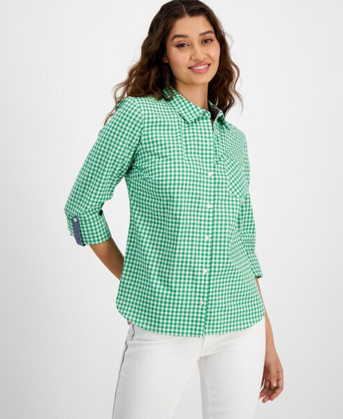 Women's Cotton Gingham Roll-Tab Shirt