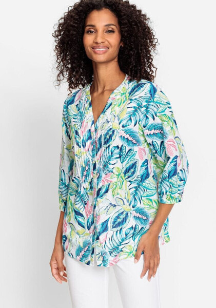 Women's Cotton Linen 3/4 Tropic Print Tunic Shirt