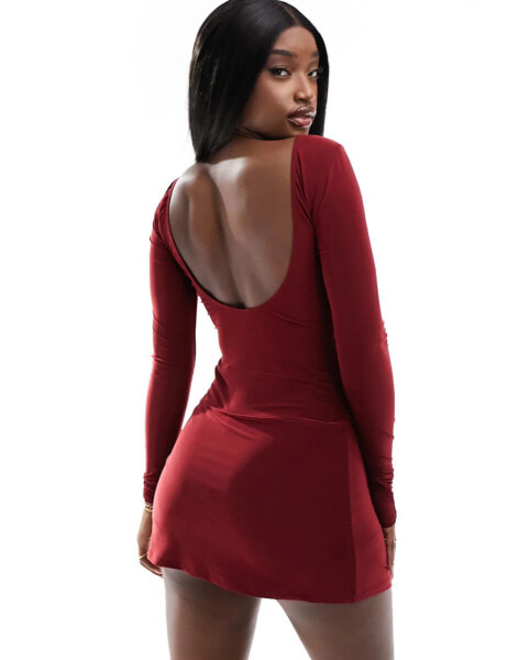 ASOS DESIGN slash neck open back micro skort dress in burgundy