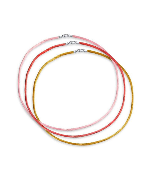 Set Of Three Soft Thin Satin Pink Red Yellow 16 Inch Silk Cords Strand Necklace For Pendant Layering Women Men Teen Sterling Silver Lobster Claw Clasp