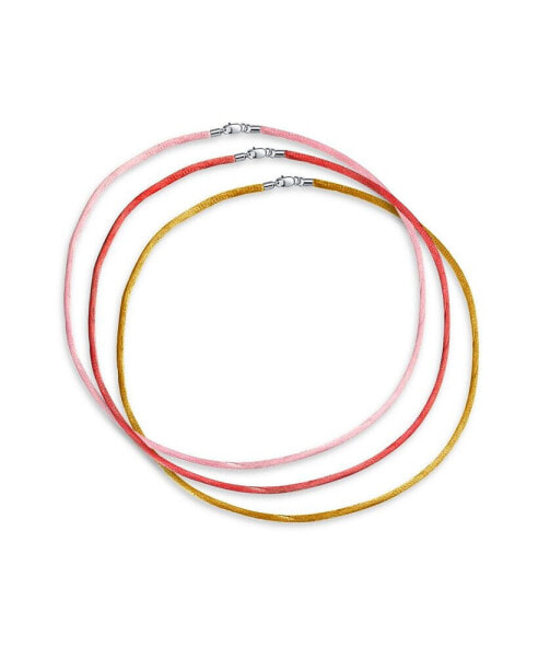 Set Of Three Soft Thin Satin Pink Red Yellow 16 Inch Silk Cords Strand Necklace For Pendant Layering Women Men Sterling Silver Lobster Claw Clasp