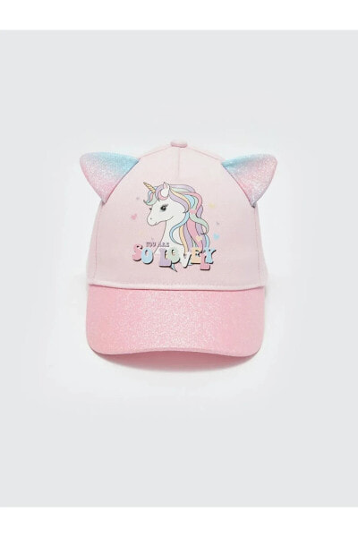 Unicorn Baskılı Sim Detaylı Pembe Kız Çocuk Kep Şapka