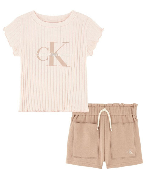 Little Girls Ribbed Logo T-shirt and Crepe French Terry Shorts, 2 Piece Set