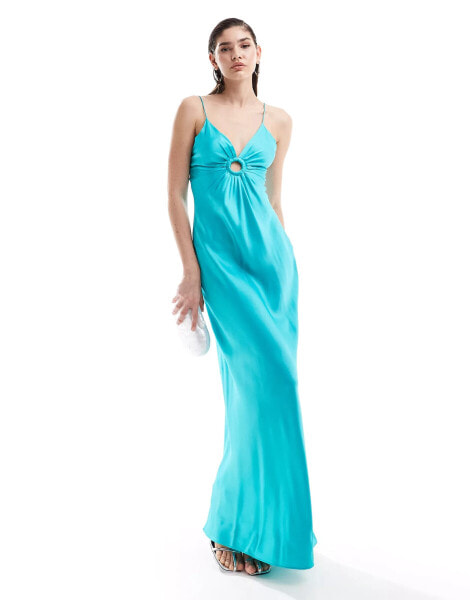 Mango satin halterneck maxi dress in light blue