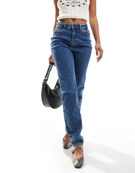 Noisy May Daisy high waist mom jeans in mid blue acid wash