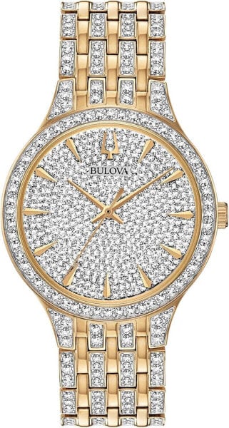 Bulova Crystal Pave 3-Hand Quartz Slim Case Watch Gold Tone 32mm