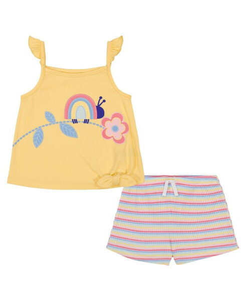 Little Girls Tie-Front Tank Top Multi Stripe Drop-Needle Shorts Set