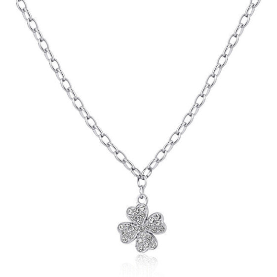 Glittering steel necklace Happy SHAR21 four-leaf clover
