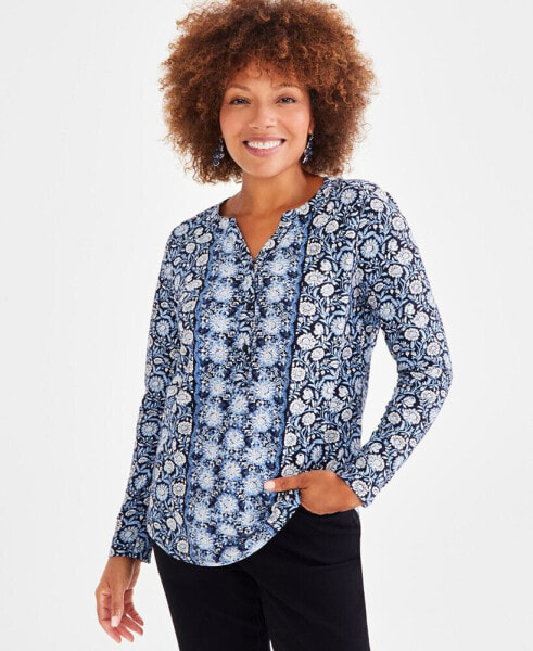 Women's Cotton Printed Henley Top, Created for Macy's