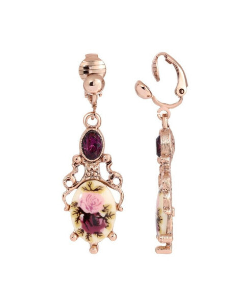 Rose Purple Crystal Flower Clip Earrings