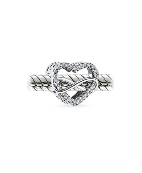 Couples Forever Love Knot Figure 8 Motif Crystal Accent Intertwined Infinity Open Heart Shaped Bead Charm Sterling Silver Fits European Bracelet