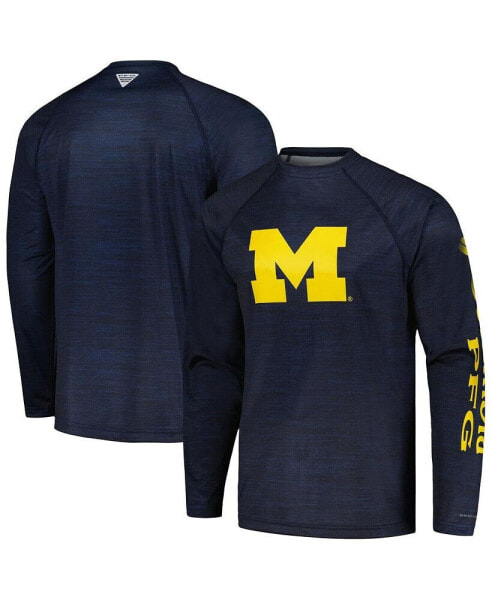 Men's Navy Michigan Wolverines PFG Terminal Tackle Omni-Shade Raglan Long Sleeve T-shirt