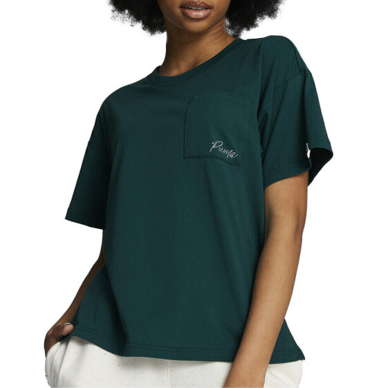 Puma Live In Pocket Crew Neck Short Steeve T-Shirt Womens Green Casual Tops 6779