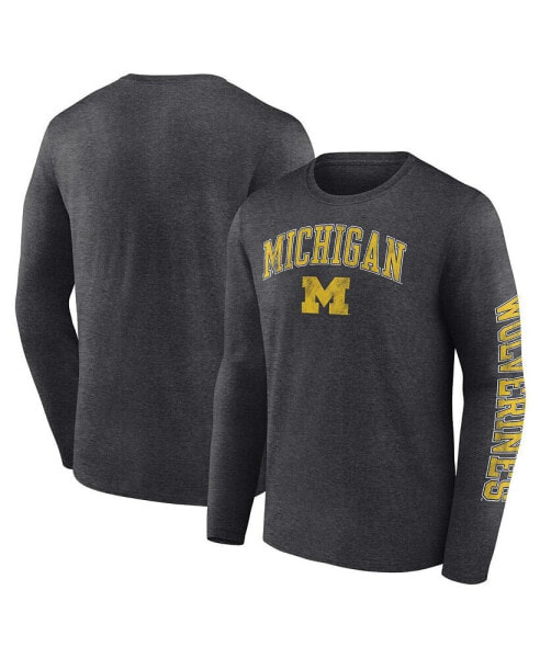 Men's Heather Charcoal Michigan Wolverines Distressed Arch Over Logo Long Sleeve T-shirt