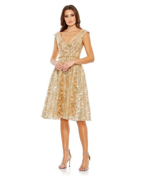 Women's Sequined V Neck Cap Sleeve Dress