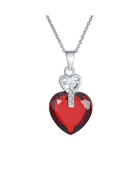 Key to Her Heart 10 CTW CZ Red Cubic Zirconia Large Heart Necklace Pendant For Women Sterling Silver