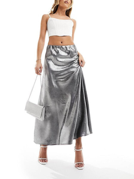 Y.A.S high waisted maxi skirt in grey metallic