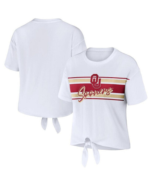 Women's White Oklahoma Sooners Striped Front Knot Cropped T-shirt