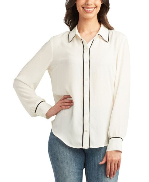 Juniors' Contrast-Piping Long-Sleeve Blouse