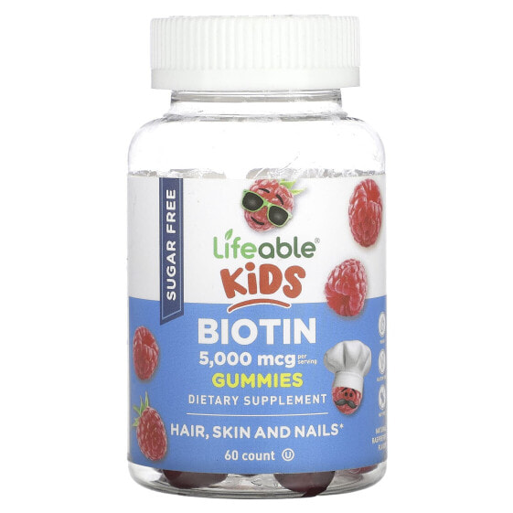 Kids Biotin Gummies, Sugar Free, Natural Raspberry, 5,000 mcg, 60 Gummies (2,500 mcg per Gummy)