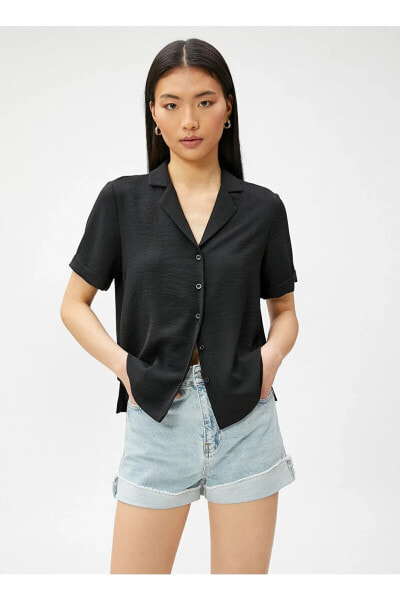 Gömlek Yaka Çizgili Siyah Kadın Gömlek 3sak60021pw
